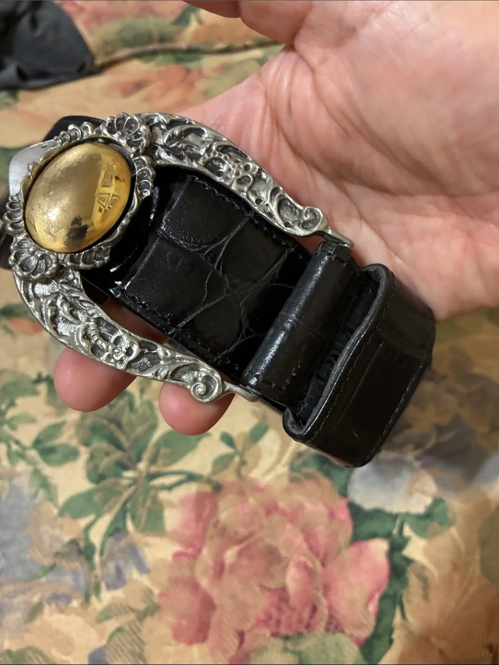 Black Croc-Texture Leather Belt with Ornate Silver & Gold Buckle